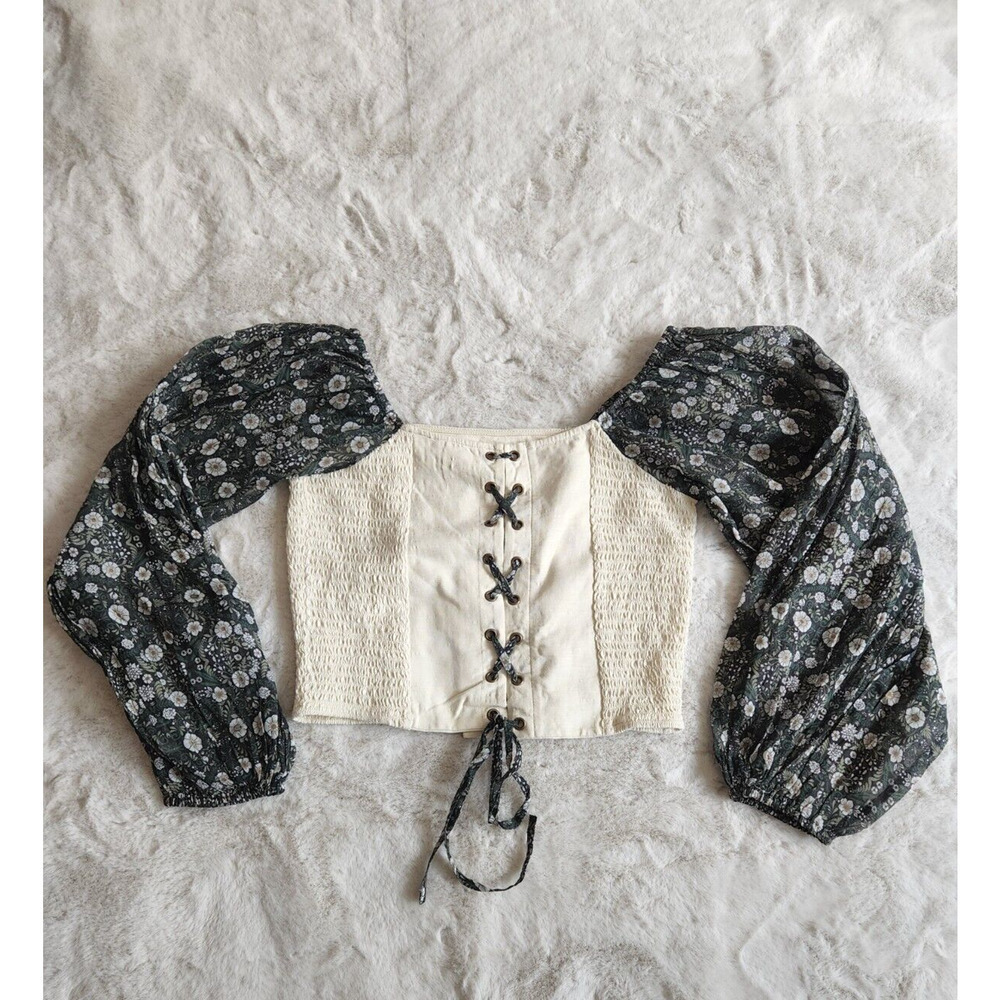 NWT Anthropologie Smocked Balloon-Sleeve Top size LP Moss green Cotton #G3410 - Picture 7 of 12